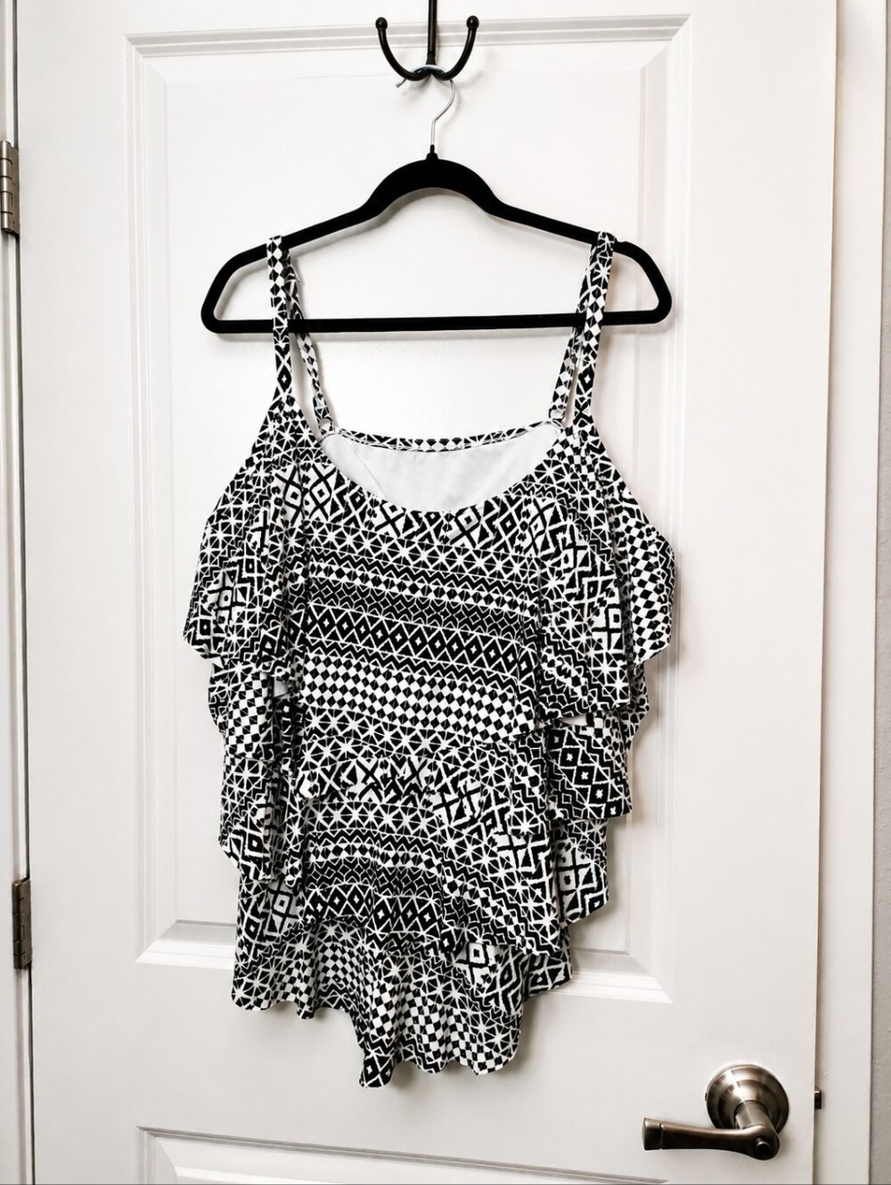 5/$30 Black & White Geometric Swim Tankini with Ruffle Detail